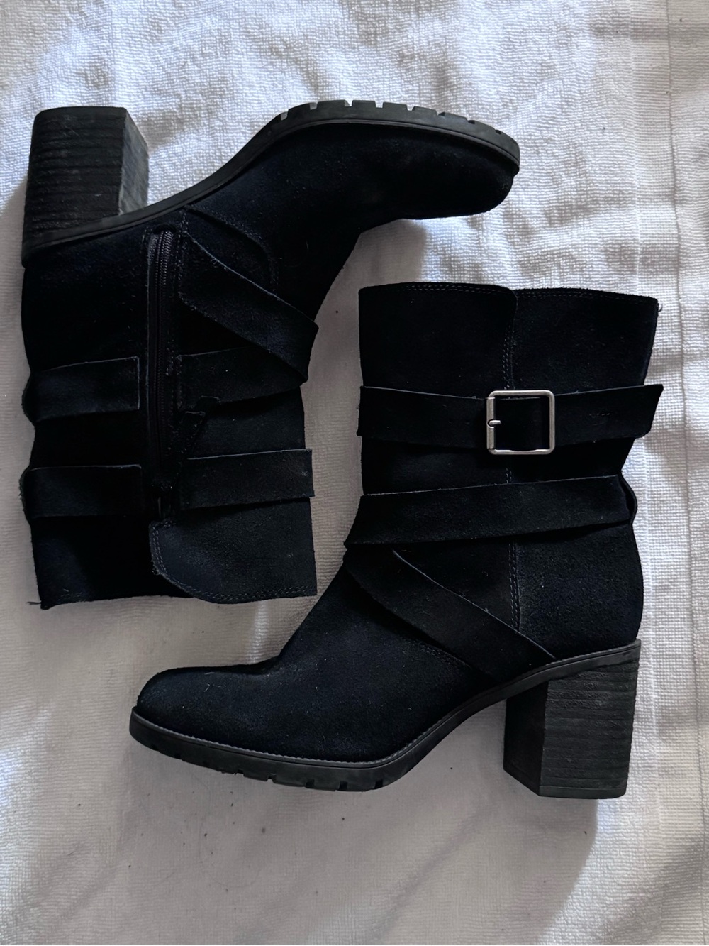 Clarks Black Suede Mid-Heel Ankle Boots with Buckle Strap